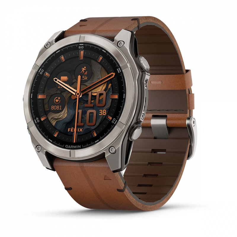 Garmin Fenix 8 - 51 мм AMOLED | SAPPHIRE | Titanium with Chestnut Leather Band
