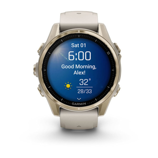 Garmin Fenix 8 - 43 мм AMOLED | Sapphire | Soft Gold with Fog grey/dark sandstone silicone band