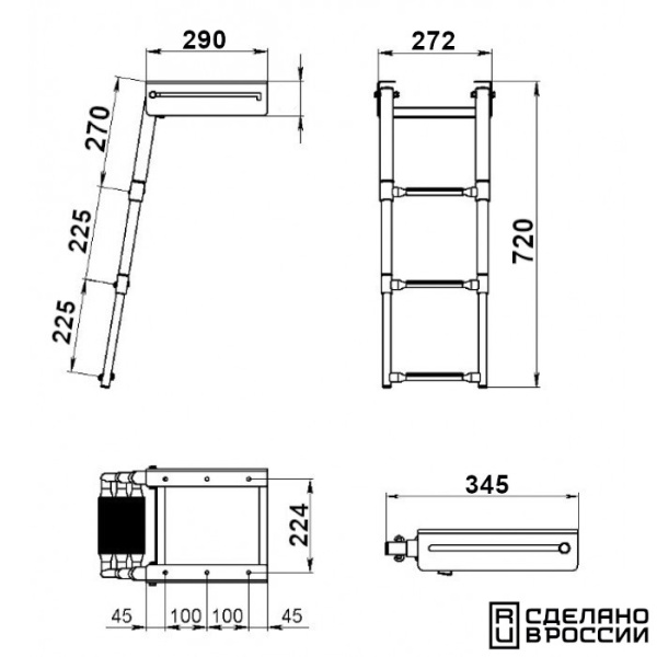 Трап телескопический выдвижной, 3 черных ступени (ширина 272 мм.) AISI 316 041105BT от прозводителя Техномарин